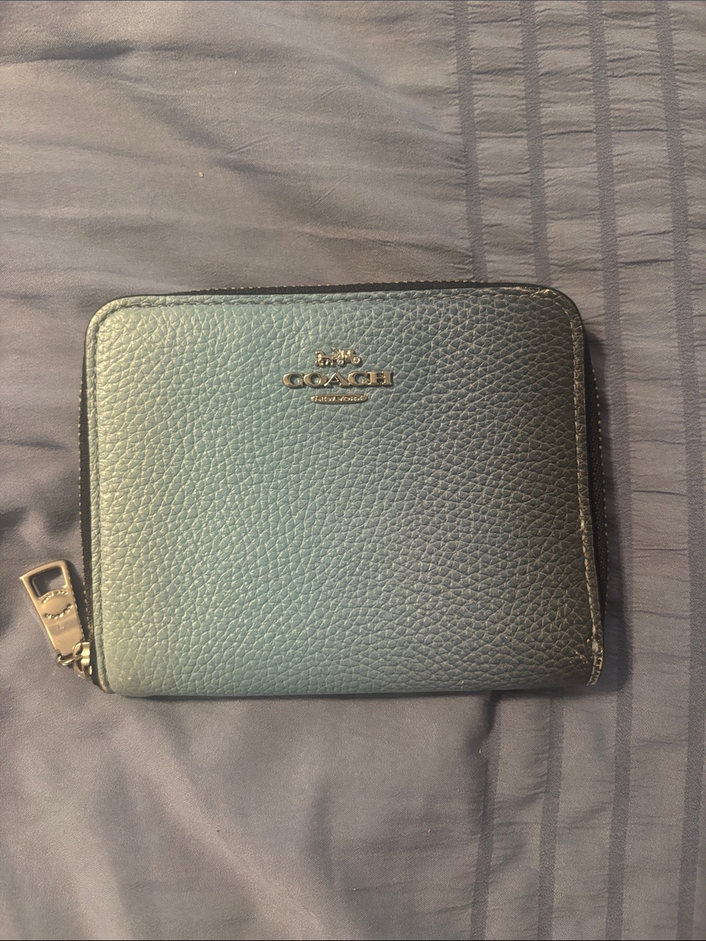 Coach Zip-Around Pebbled Leather Wallet in Teal and Black